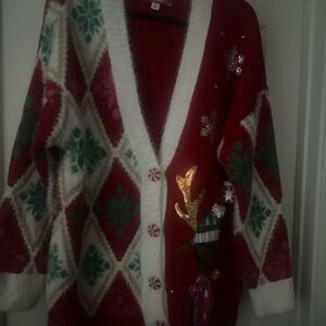 Cozy Red and White Cardigan with Reindeer Motif